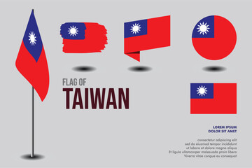 Set of Taiwan flag in 5 designs: flag on pole, brush stroke, skew, round and standard. vector, flat, isolated on grey background