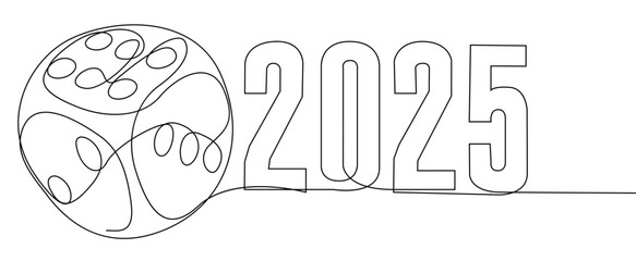 One continuous line of dice with number 2025. Thin Line Illustration vector concept. Contour Drawing Creative ideas.