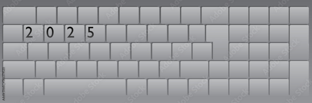 Poster computer keyboard with number 2025. close-up of an electronic computer device part, keypad.