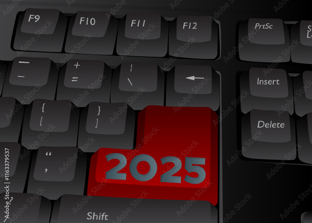 Poster computer keyboard with number 2025. close-up of an electronic computer device part, keypad.