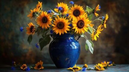 Sunflowers and Cornflowers in a Blue Vase