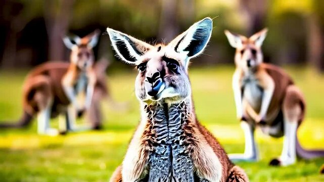 a kangaroo  and  other kangaroos  in a field