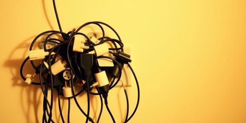 A chaotic tangle of electrical cords and plugs overwhelms a single wall outlet, a visual representation of modern technological complexity and potential hazards.