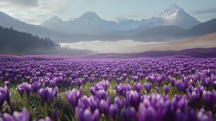 Fototapeta premium Purple Crocus Field Before Majestic Mountain Range