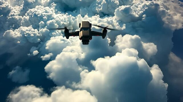 Drone soaring above dramatic cloud formations during a vibrant sunset over the horizon