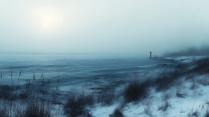 Serene Winter Seascape Under a Misty Sky