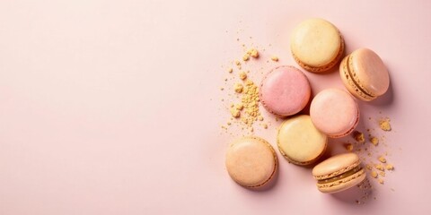A delightful assortment of pastel-colored macarons, delicately arranged on a soft pink background, with crumbs scattered nearby, creating a visually appealing and appetizing scene.