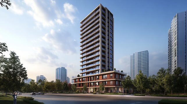 Modern apartment building with green trees. PNG Office building architecture housing diagram.
