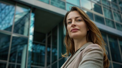 Fototapeta premium Portrait of businesswoman in front of modern business building, AI generated image