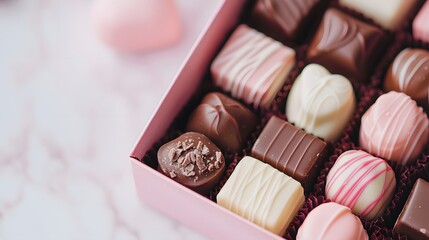 some chocolate shapes in a pink box for valentine's day with love theme, Generative AI 