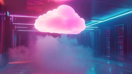 A conceptual representation of cloud computing, featuring a glowing pink cloud hovering in a high-tech server room illuminated by vibrant neon lights. This futuristic design highlights
