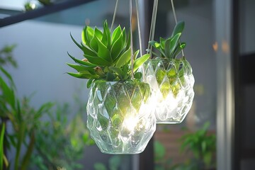 Elegant Hanging Succulent Planters in Decorative Glass Containers Illuminated by Soft Light in a Modern Indoor Garden Setting