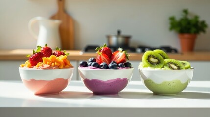 Three bowls of creamy fruit dessert, topped with fresh strawberries, blueberries, and kiwi slices, bathed in sunlight on a kitchen counter