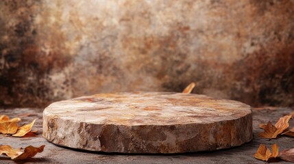 A rustic stone surface surrounded by dried leaves, ideal for food presentation.