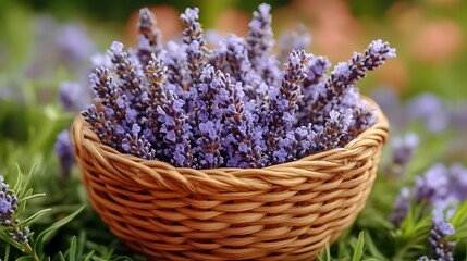 Fototapeta premium Lavender blossoms nestled in a wicker basket