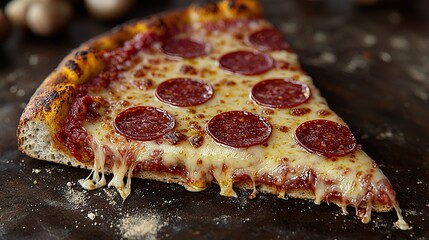 A detailed illustration of a slice of pepperoni pizza with melting cheese 