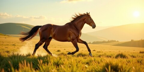 Obraz premium A majestic chestnut horse gallops across a sun-drenched meadow, its mane flowing in the golden light, a breathtaking scene of equine grace and freedom in nature's embrace.