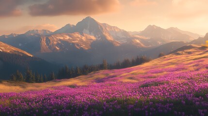 Mountain Meadow Sunset Crocus Bloom Landscape