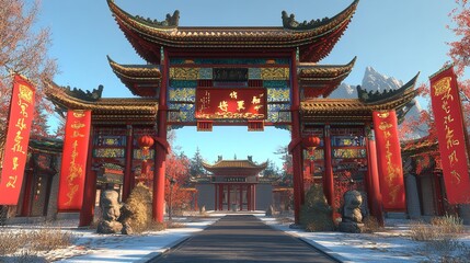 A Beautifully Decorated Chinese Archway with Red Lanterns