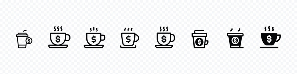 Coffee cup with dollar sign, coffee sale icon, coffee cup icon, Cup of coffee and steaming dollar, coffee cup with money icon