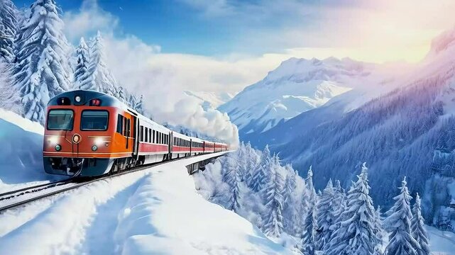 a train  traveling through  the snow