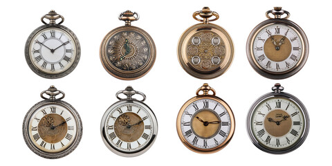 Vintage Pocket Watches Collection on Transparent Background