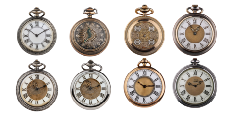 Vintage Pocket Watches Collection on Transparent Background