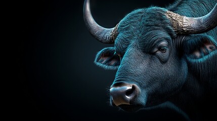 Naklejka premium A close up of a bull's head with horns on a black background