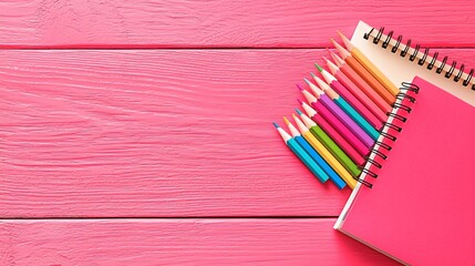 Obraz premium Colorful pencils and notebooks on pink wood.