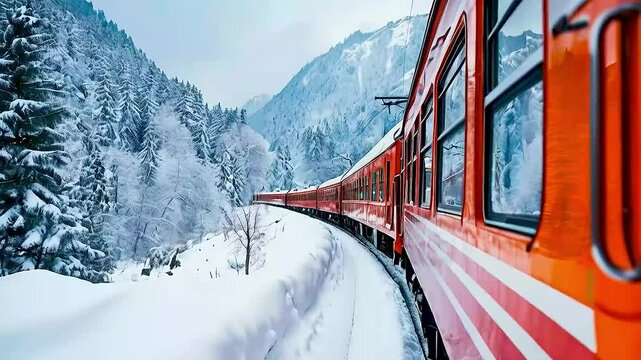 a train  traveling through  the snow  in the Swiss Alps