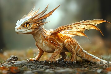 Fototapeta premium A Golden Dragonet Rests In An Autumnal Forest