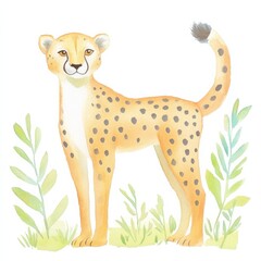 Fototapeta premium Animal safari Concept. A cute, illustrated cheetah standing in greenery, showcasing its distinctive spots and playful expression. watercolor style, isolated on white background