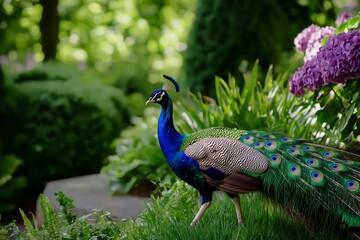 Obraz premium Majestic Peacock Walking Gracefully Through a Lush Garden Surrounded by Vibrant Greenery and Colorful Flowers in Natural Light