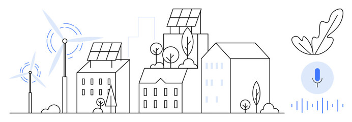 Buildings with solar panels, wind turbines, trees, and a voice recognition icon. Ideal for sustainability, renewable energy, smart cities, green technology, urban planning eco-friendly living