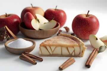 A slice of dessert surrounded by apples, sugar, and cinnamon sticks for a cozy autumn vibe.