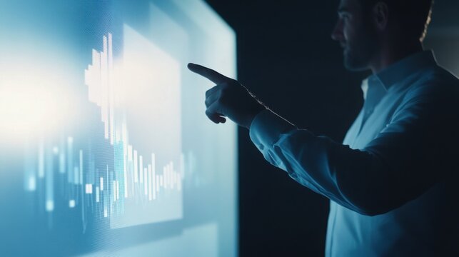 A businessman gestures towards a digital presentation, highlighting sales statistics on a large screen during a business meeting.