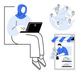 Person seated, wearing a headscarf, using a laptop, global map with location pins, online shopping on smartphone. Ideal for e-commerce, remote work, global trade, online business digital