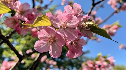 Pink Cherry Blossoms Against a Bright Blue Sky