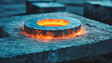 Intense industrial flame ring burning on metal surface, Manufacturing process in foundry showing craft steel and precision  - Powered by Adobe