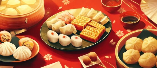 Assorted delicious Chinese dim sum dishes on a red tablecloth.