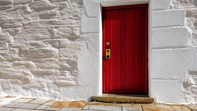 Classic red door against whitewashed stone wall, minimal architectural entrance