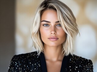 Fototapeta premium A woman with blonde hair wearing a black jacket