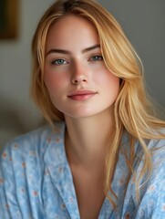 Naklejka premium A woman with long blonde hair wearing a blue and white polka dot robe