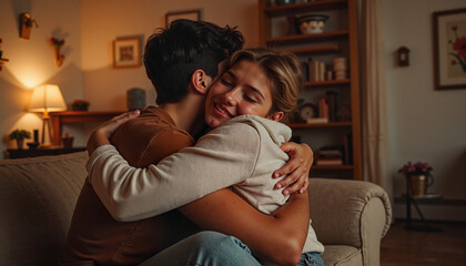 Obraz premium Mom and teenage son hugging in cozy home