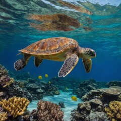 Obraz premium A sea turtle swimming near a vibrant coral reef.