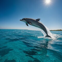 Fototapeta premium A dolphin leaping out of turquoise waters under a clear blue sky.