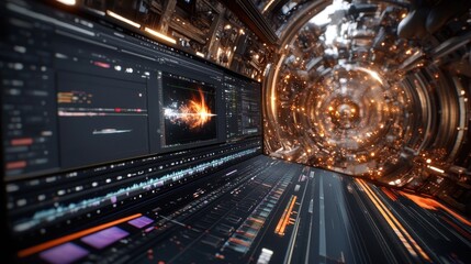 Obraz premium Futuristic video editing software interface on a laptop, showcasing a vibrant, abstract animation within a metallic, sci-fi tunnel backdrop.
