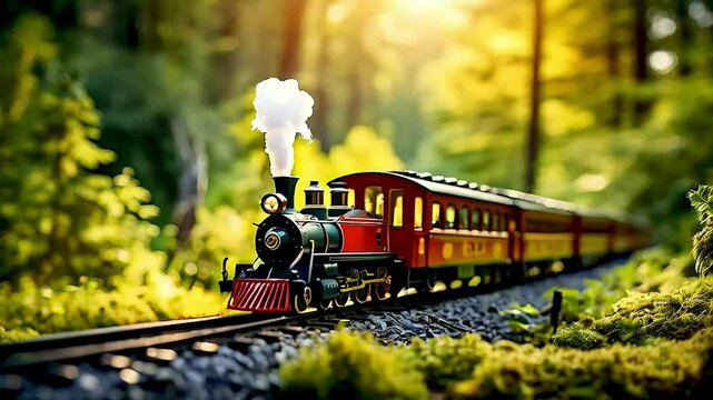 a toy train  moving through the woods