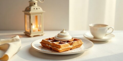 Golden-brown waffle topped with fluffy cream, presented elegantly on a plate, accompanied by a warm beverage in a delicate teacup, all bathed in soft sunlight next to a lit candle lantern
