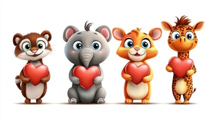Fototapeta premium A colorful Valentine's Day clipart featuring cartoon animals holding hearts.